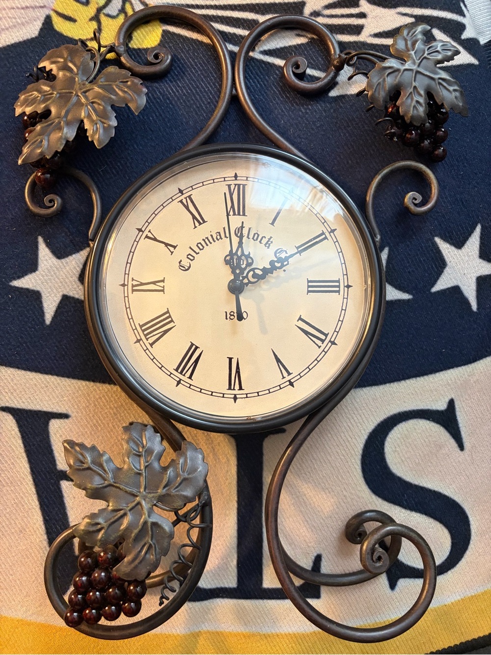Antique Colonial Metal Wall Clock 1810 Grapes, Vines, Leaves.